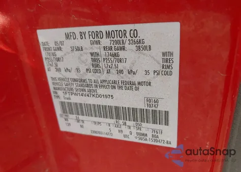 2007 Ford F-150 Fx4/Lariat/Xlt z USA, uszkodzony, nr VIN 1FTPW14V47KD01975